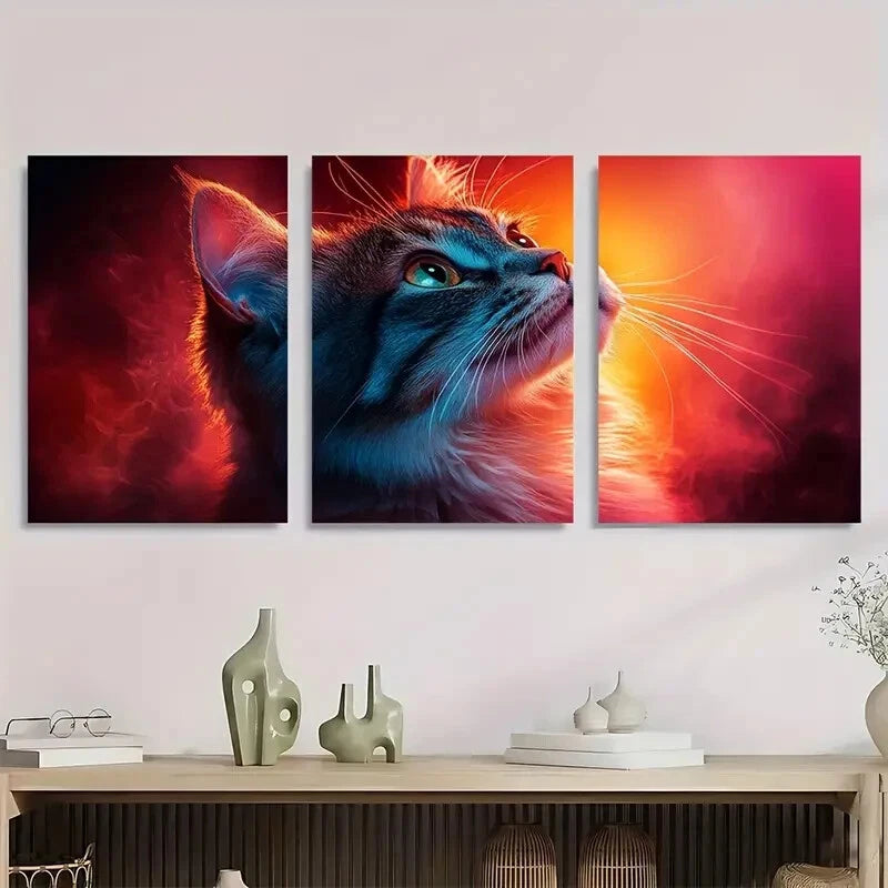 3pcs Vibrant Blue & Orange Cat Metal Print Ready to Hang Art