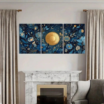 3pcs Luxury Golden Floral Art Elegant Blue Flower Metal Print Ready to Hang Art
