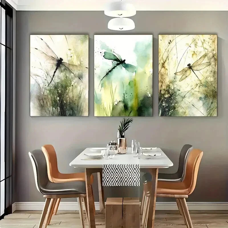3pcs Dragonfly & Floral Vintage Metal Print Ready to Hang Art