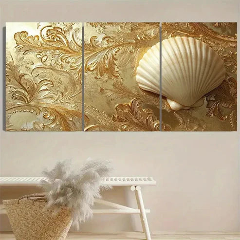 3pcs Elegant Sea Shell on Golden Filigree Wall Art Set Canvas Unframed - High Quality Print 100% Australian Made Wall Canvas