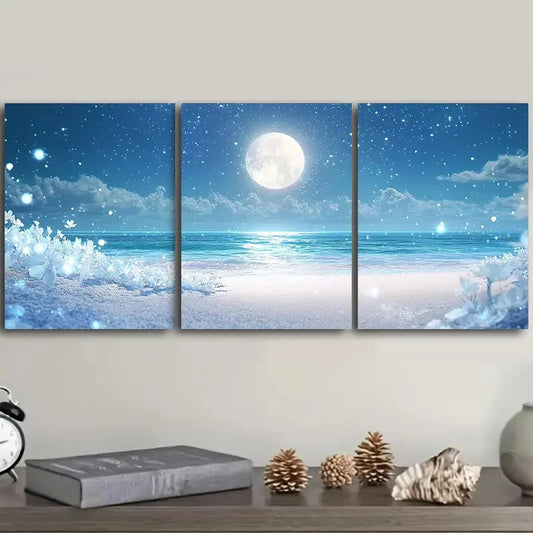 3pcs Beach Walk Painting Full Moon Metal Print Ready to Hang Art