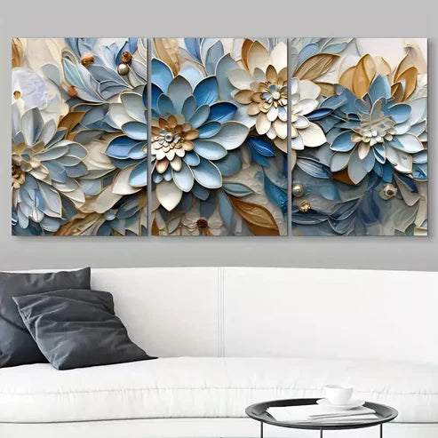 3pcs Blue White & Gold Abstract Flower Canvas Framed  60x90cm - High Quality Print 100% Australian Made Wall Canvas Ready to Hang