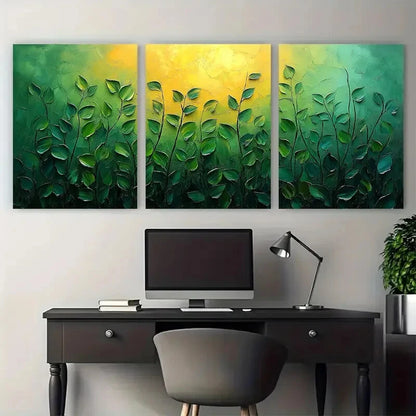 3pcs Green Abstract Plants Textured Illustration Metal Print Ready to Hang Art
