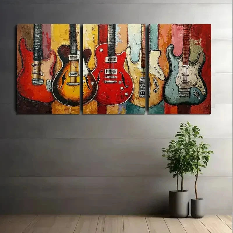 3pcs Electric Guitars in Abstract Art Painting Metal Print Ready to Hang Art
