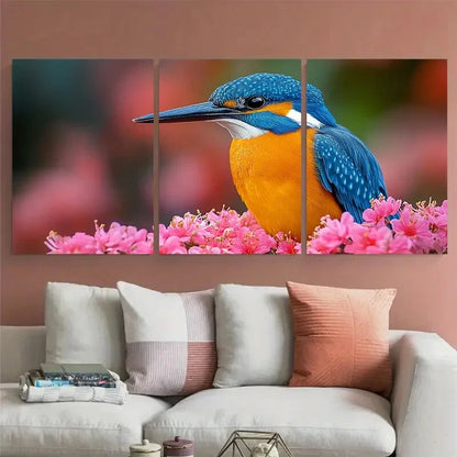 3pcs Vibrant Kingfisher on Pink Florals Metal Print Ready to Hang Art