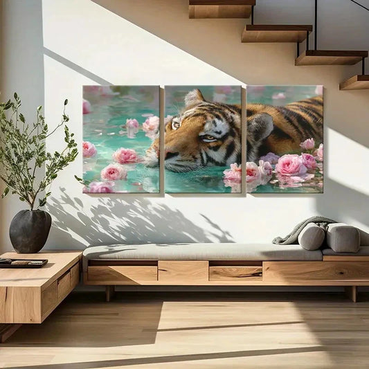Three-panel artwork of a tiger and flowers in a modern living room setting.