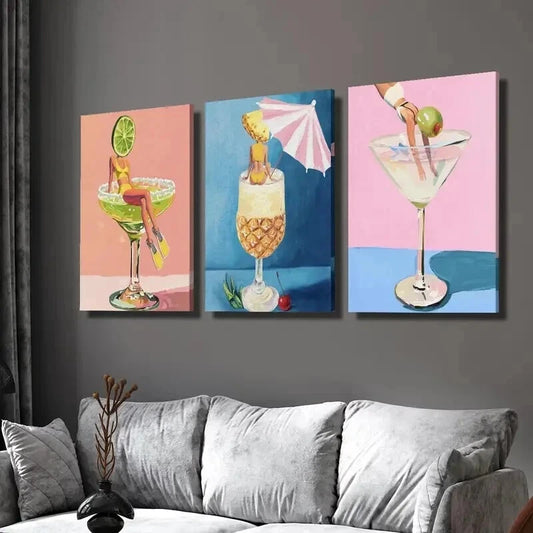 3pcs Woman in Cocktail Wine Glass Wall Art Set Canvas Framed 50x70cm - High Quality Print 100% Australian Made Wall Canvas Ready to Hang