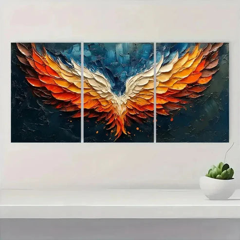 3pcs Wings Vibrant Blue, Orange & White Feather Wall Art Set Canvas Unframed - High Quality Print 100% Australian Made Wall Canvas