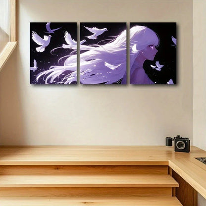 3pcs Purple Figure Flying Birds Metal Print Ready to Hang Art