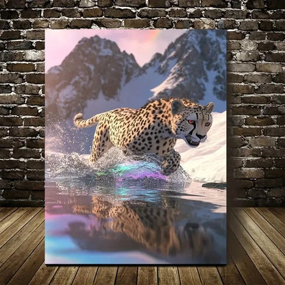 Cheetah Splashing in Water on Snowy Mountain Painting 40x60cm Metal Print Ready to Hang