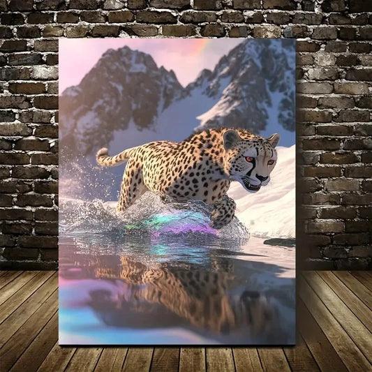 Cheetah Splashing in Water on Snowy Mountain Painting 40x60cm Metal Print Ready to Hang