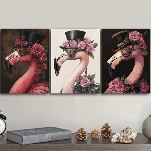 3pcs Steampunk Flamingo Pink & Black Goggles Metal Print Ready to Hang Art