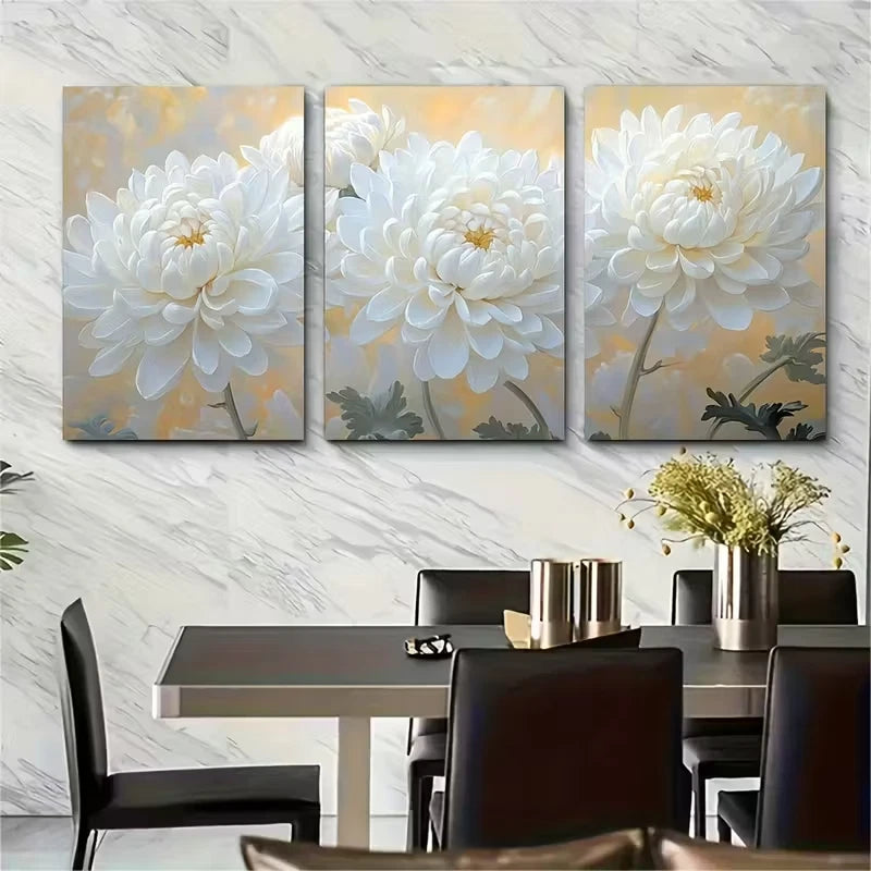 3pcsSerene White Chrysanthemum Metal Print Ready to Hang Art