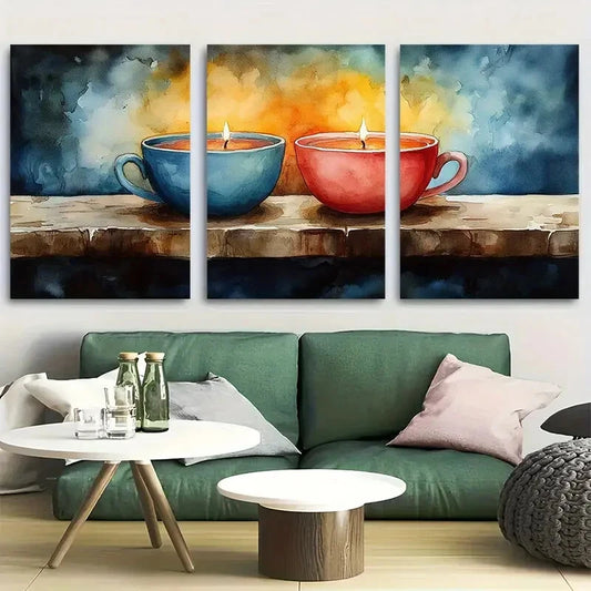 3pcs Unique Teacup Candles watercolor Metal Print Ready to Hang Art