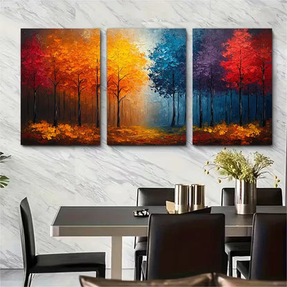 3pcs Abstract Colorful Autumn Forest Oil Painting Metal Print Ready to Hang Art