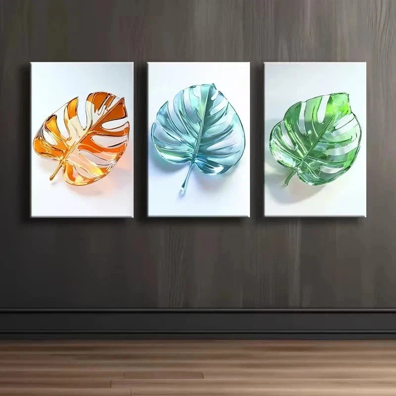 3pcs Stained Glass Leaves Design Metal Print Ready to Hang Art