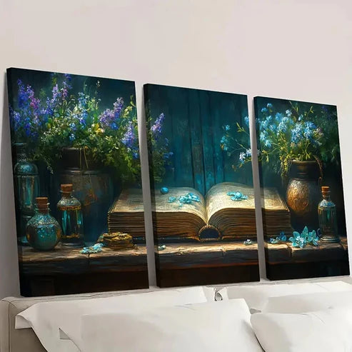 3pcs Magical Books Book & Floral BN Wall Art Set Canvas Unframed - High Quality Print 100% Australian Made Wall Canvas