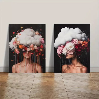 2pcs Surreal Floral Woman & Vibrant Pink and Red Flowers Canvas Framed 50x75cm - High Quality Print 100% Australian Made Wall Canvas Ready to Hang