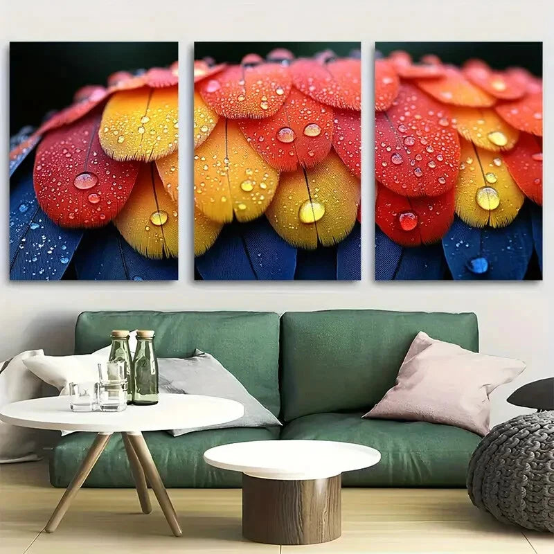3pcs Vibrant Parrot Feathers with Rain Droplets Metal Print Ready to Hang Art