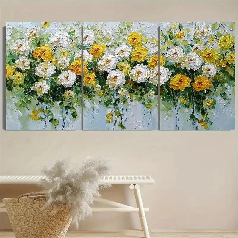3pcs Peony Yellow and White Floral Impressionist Wall Art Set Canvas Framed 40x60cm - High Quality Print 100% Australian Made Wall Canvas Ready to Hang