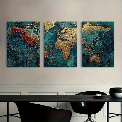 3pcs Golden & Turquoise World Map Metal Print Ready to Hang Art