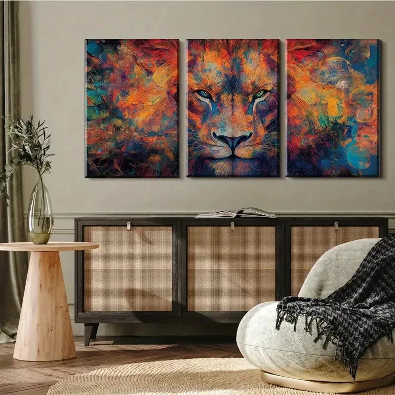 3pcs Dynamic Three-Sided Colorful Lion Portrait Metal Print Ready to Hang Art