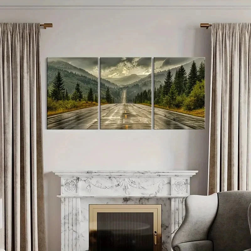3pcs Mountain Road Cloudy Sky Yellow & White Road Metal Print Ready to Hang Art