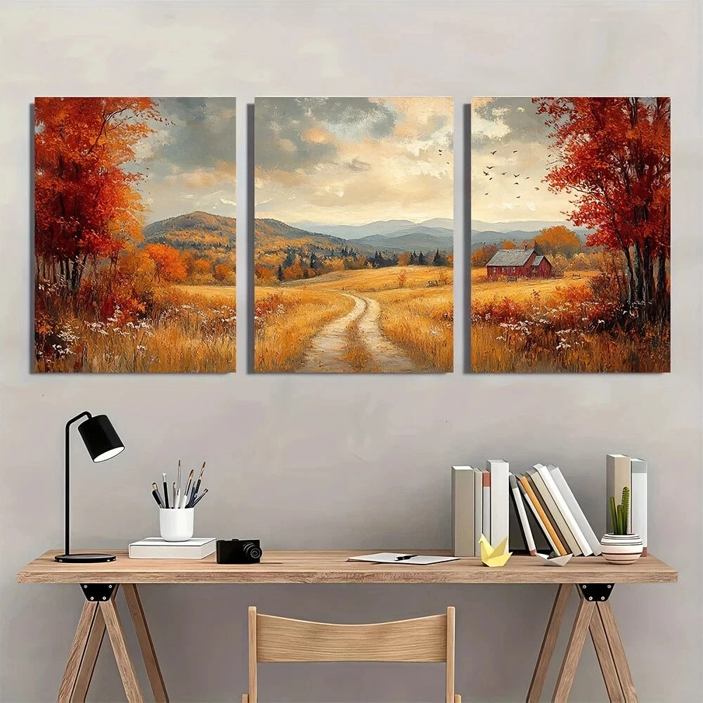 3pcs Rustic Farmhouse Meadow Autumn Scenery Metal Print Ready to Hang Art