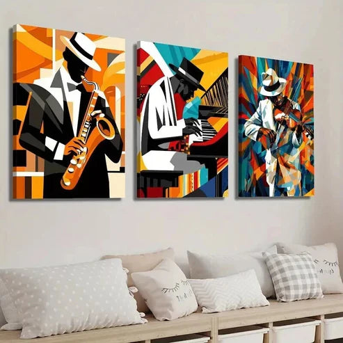 3pcs Jazz Saxophone Violin Player Pianist Wall Art Set Canvas Unframed - High Quality Print 100% Australian Made Wall Canvas