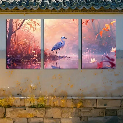 3pcs Vibrant Heron in Serene Pond Scene Metal Print Ready to Hang Art