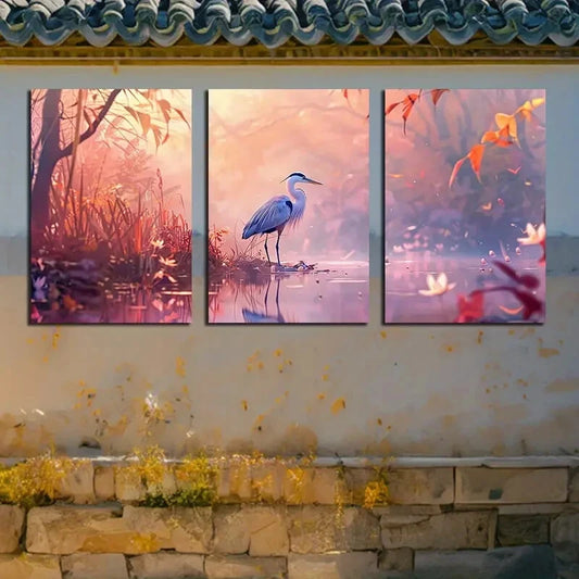 3pcs Vibrant Heron in Serene Pond Scene Metal Print Ready to Hang Art