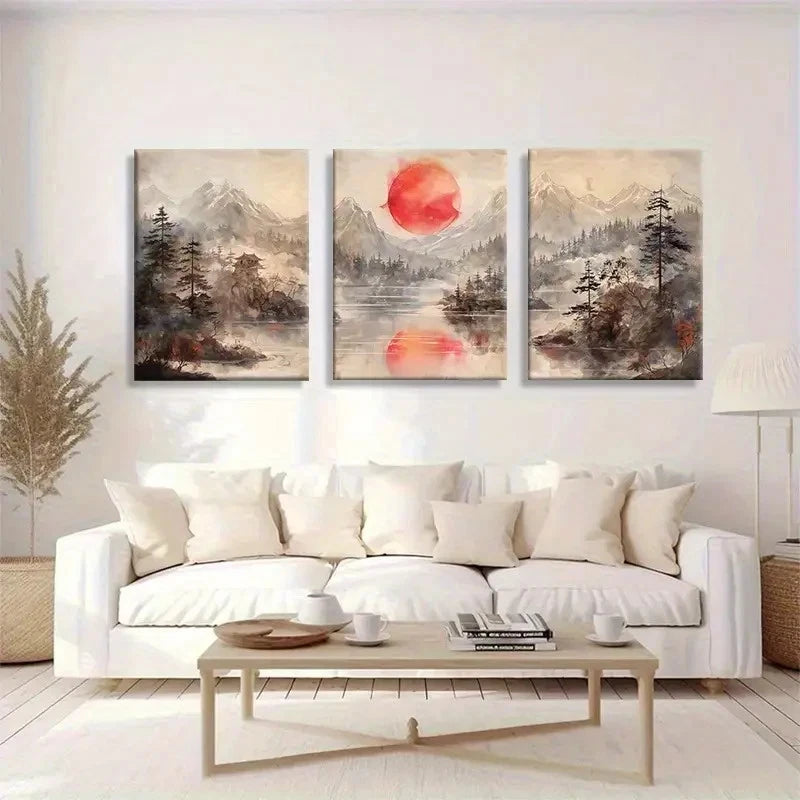 3pcs Serene Red Sun & Misty River Landscape Metal Print Ready to Hang Art