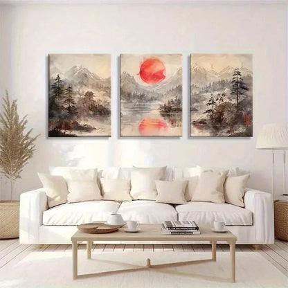 3pcs Serene Red Sun & Misty River Landscape Metal Print Ready to Hang Art