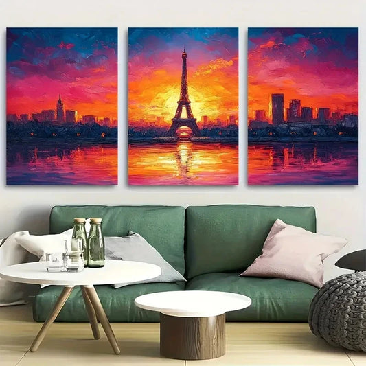 3pcs Eiffel Tower Sunset Paris Landscape Metal Print Ready to Hang Art