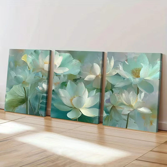 3pcs Lotus Blossoms in Soft Pastel Tones  Wall Art Set Canvas Framed 60x90cm - High Quality Print 100% Australian Made Wall Canvas Ready to Hang