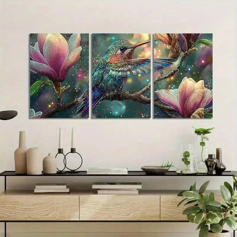 3pcs Vibrant Hummingbird & Magical Effects Metal Print Ready to Hang Art