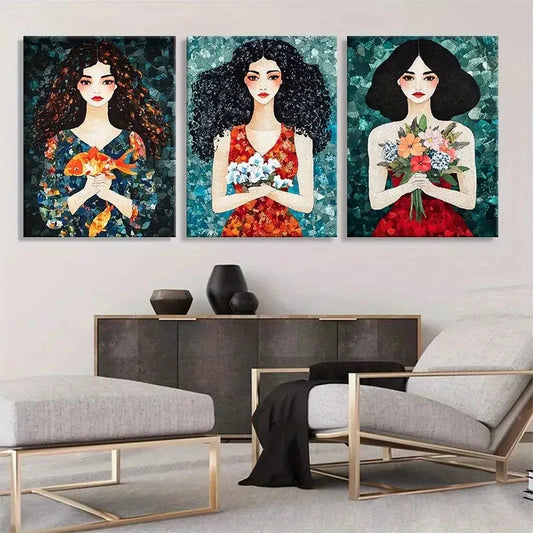 3pcs Colorful Floral Women Flowers Perfect Wall Art Set Canvas Framed 40x60cm - High Quality Print 100% Australian Made Wall Canvas Ready to Hang