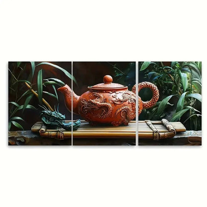 3pcs Clay Teapot with Dragon Motifs and Bamboo TrayMetal Print Ready to Hang Art