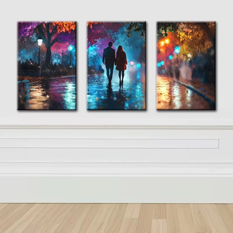 3pcs Lovers taking a walk in Vibrant Street Wall Art Set Canvas Framed 50x70cm - High Quality Print 100% Australian Made Wall Canvas Ready to Hang