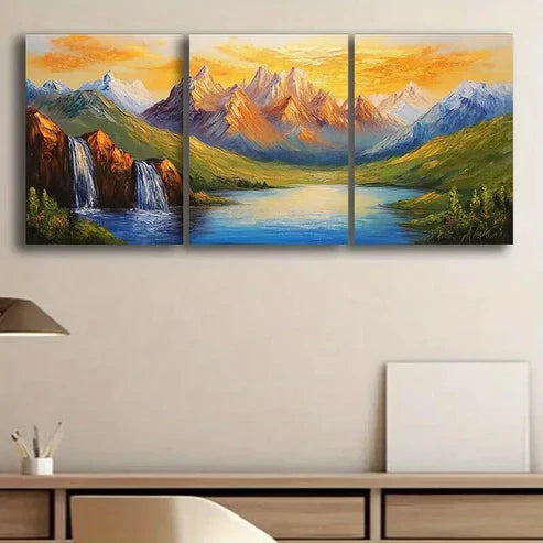 3pcs Golden Peaks Mountain Range Luxurious Wall Art Set Canvas Unframed - High Quality Print 100% Australian Made Wall Canvas