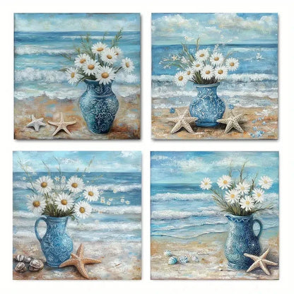 4pcsOcean Waves, Starfish & FlowersWall Art Canvas Framed