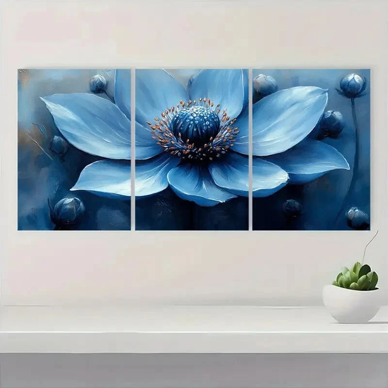 3pcs Blue Sea Holly Modern Abstract Floral Design Metal Print Ready to Hang Art