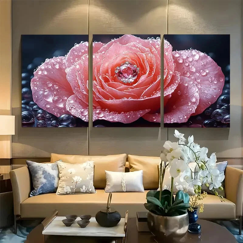 3pcs Elegant Pink Gemstone Jewelry Glamorous Rose Metal Print Ready to Hang Art