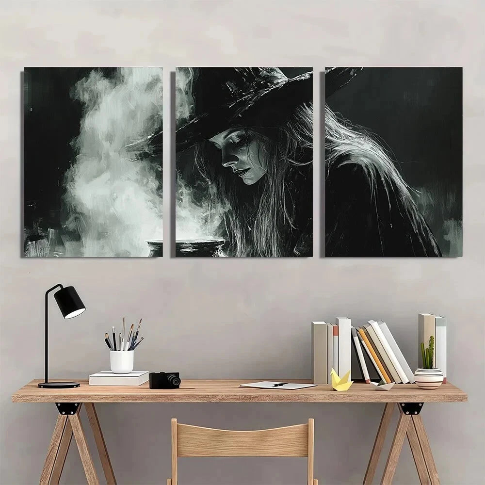 3pcs Monochrome Moody Witch Brewing Scene Metal Print Ready to Hang Art
