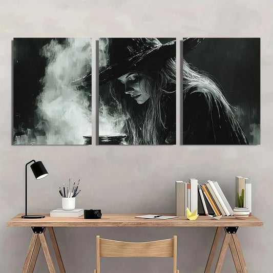 3pcs Monochrome Moody Witch Brewing Scene Metal Print Ready to Hang Art