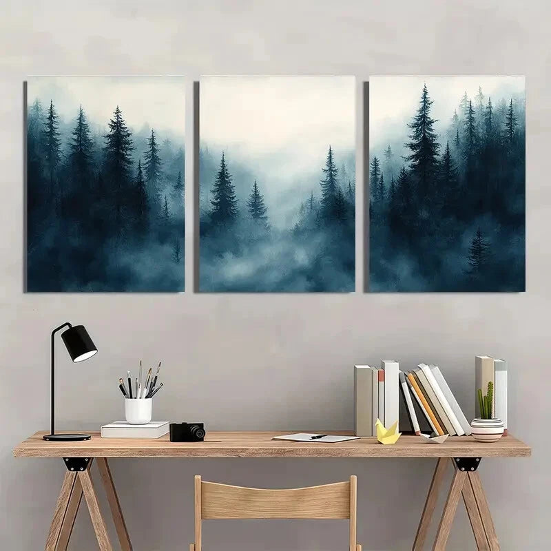 3pcs Foggy Pine Forest Watercolor Painting Metal Print Ready to Hang Art