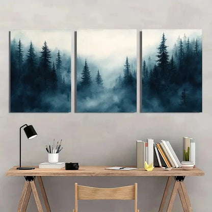3pcs Foggy Pine Forest Watercolor Painting Metal Print Ready to Hang Art
