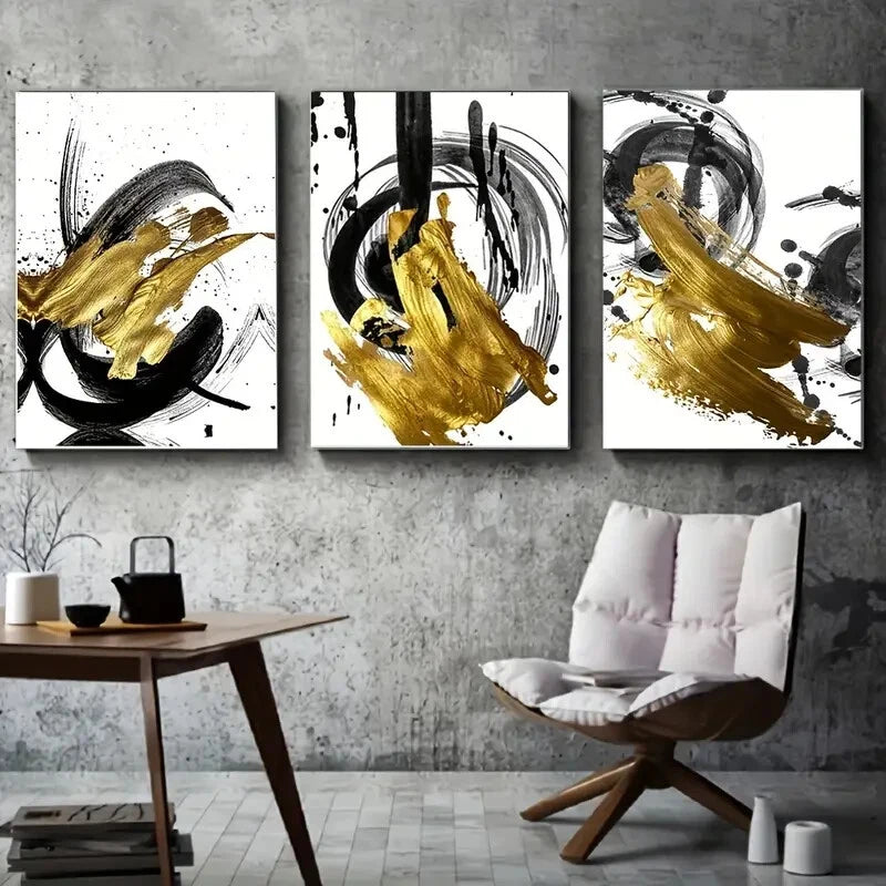 3pcs Abstract Golden Foil Fashion Metal Print Ready to Hang Art