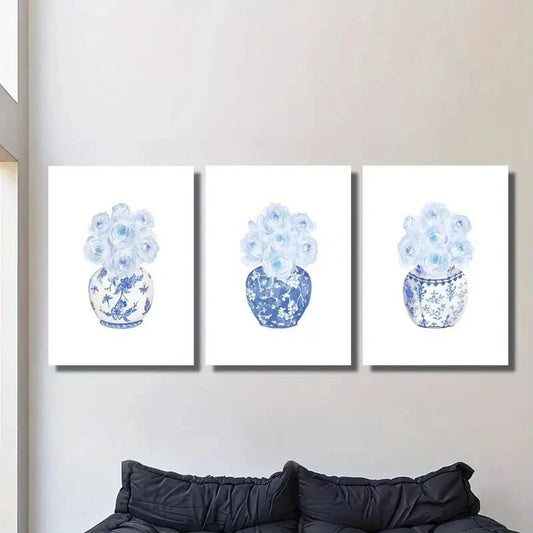 3pcs Chinese watercolor blue rose vase, Metal Print Ready to Hang Art