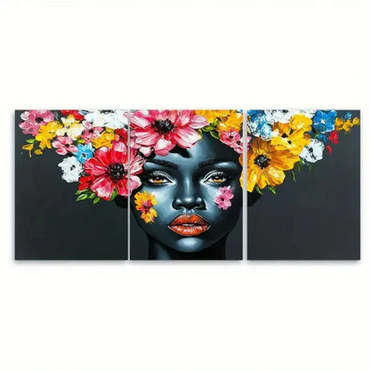 3pcs Floral Painting African Lady Portrait Black Wall Art Canvas Unframed - High Quality Print 100% Australian Made Wall Canvas